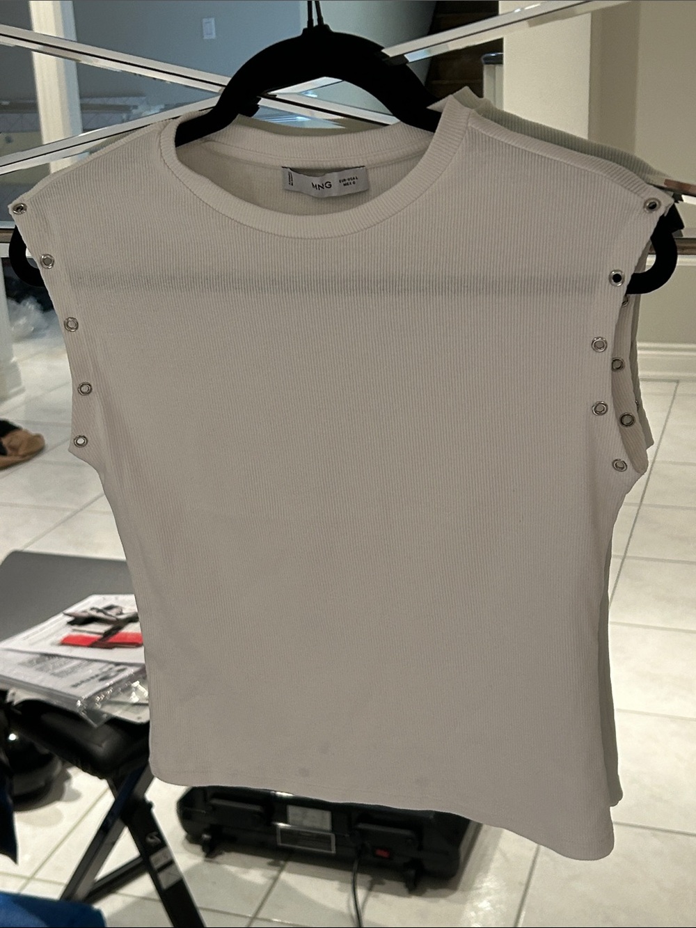 Mango Ribbed Snap-Shoulder Tank in Off-White